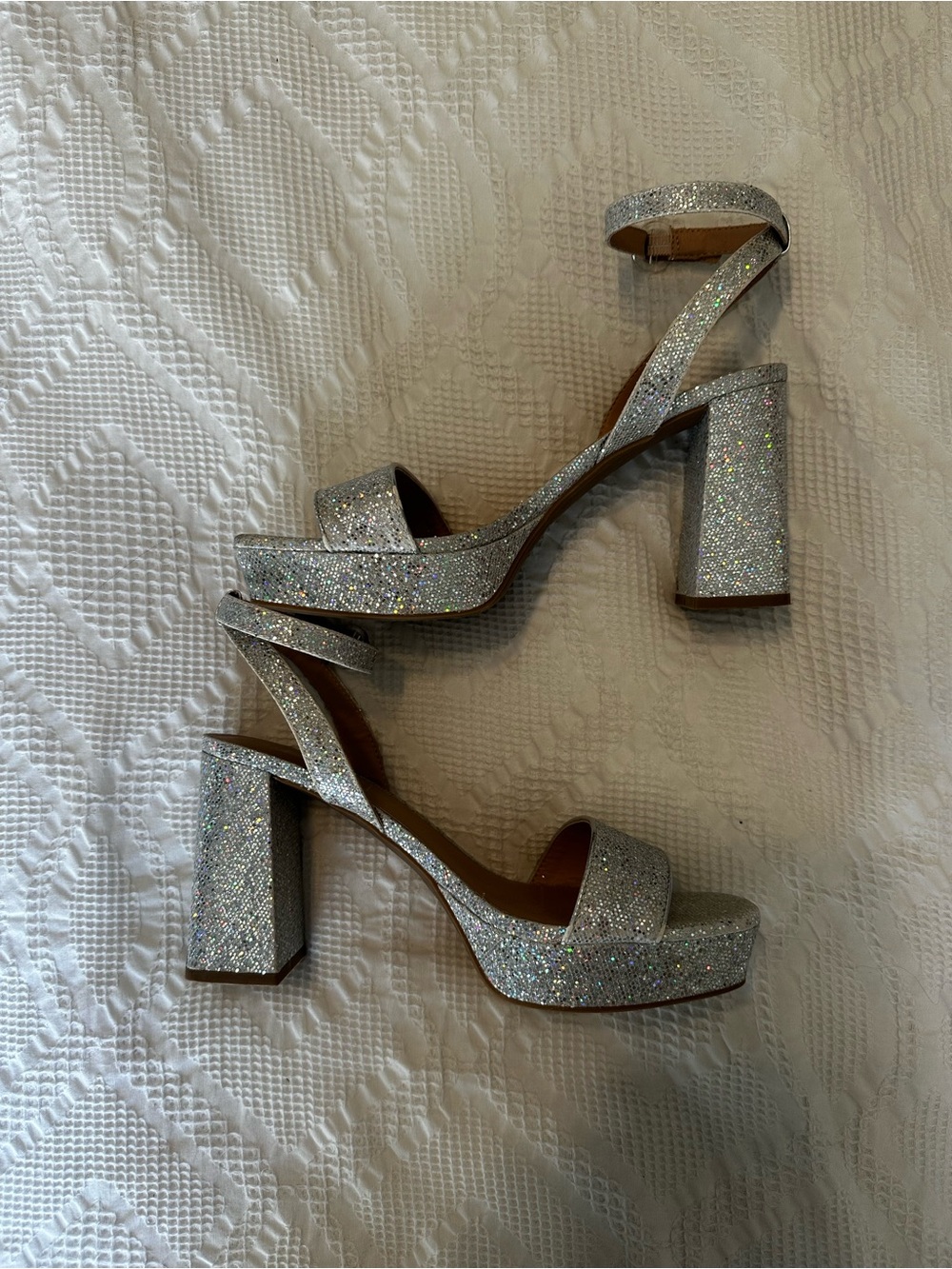 EDL presents POP Holographic Silver Sequin Block Heels